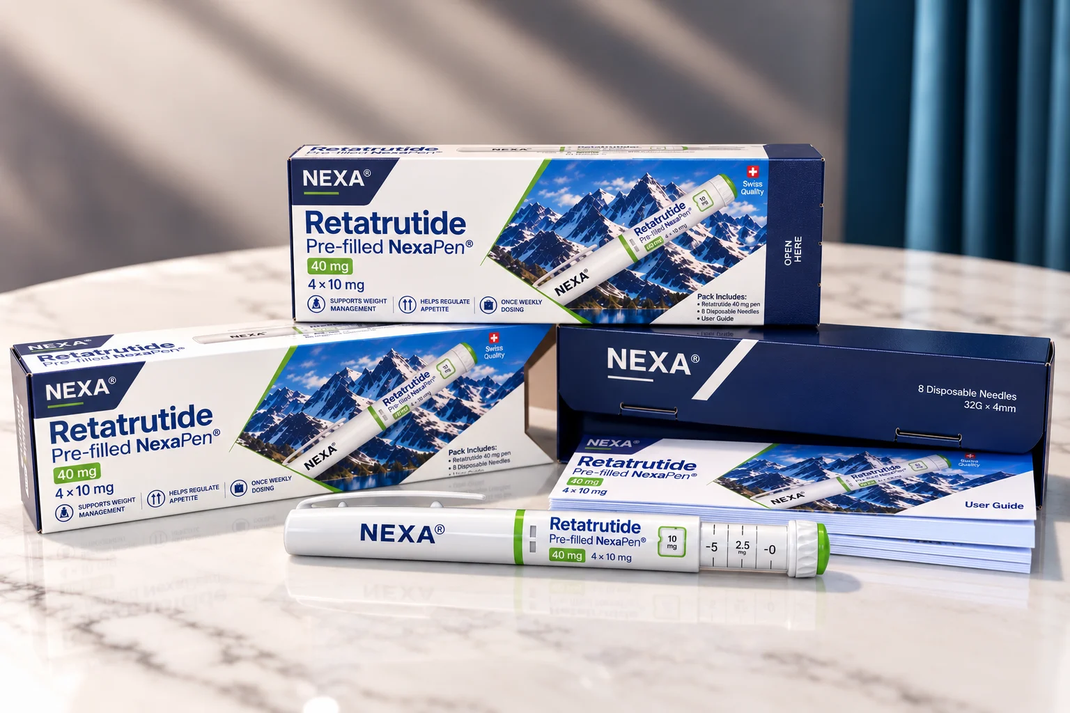 NEXA Retatrutide kit: boxes, pre-filled pen and user guide